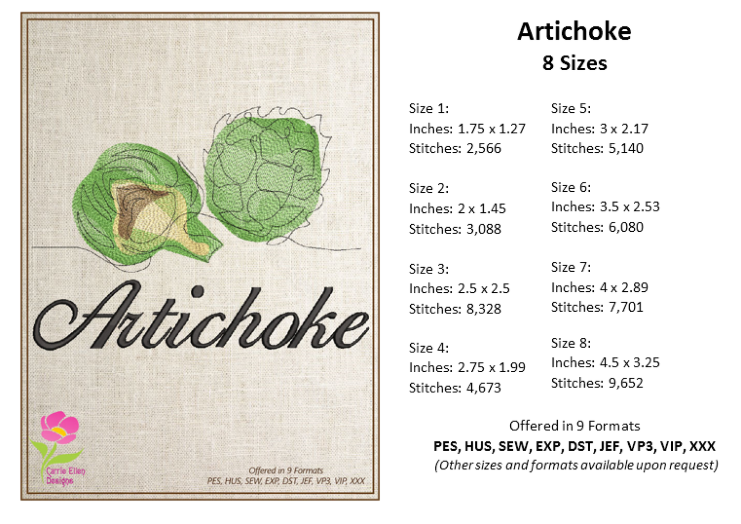 Artichoke Machine Embroidery Design Bundle – Fruit and Vegetable Embroidery, 5 Unique Designs in 8 Sizes Each (0450)