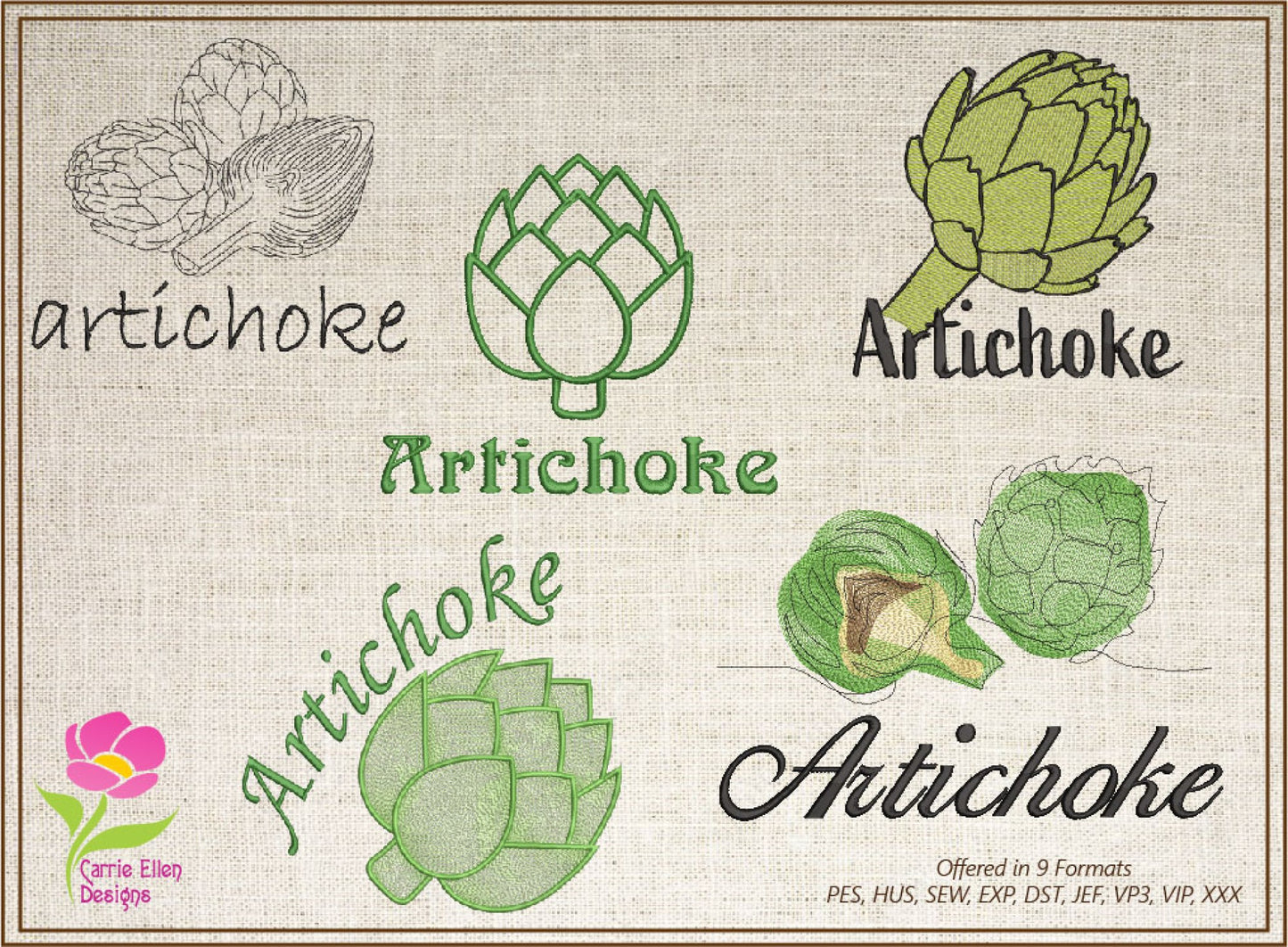 Artichoke Machine Embroidery Design Bundle – Fruit and Vegetable Embroidery, 5 Unique Designs in 8 Sizes Each (0450)