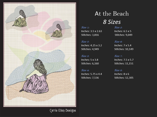 At the Beach Machine Embroidery Design | Girl Sitting in Sand and Waves | Classic Beach Day Sketch Embroidery | Coastal Summer Design | 8 Sizes (0930)