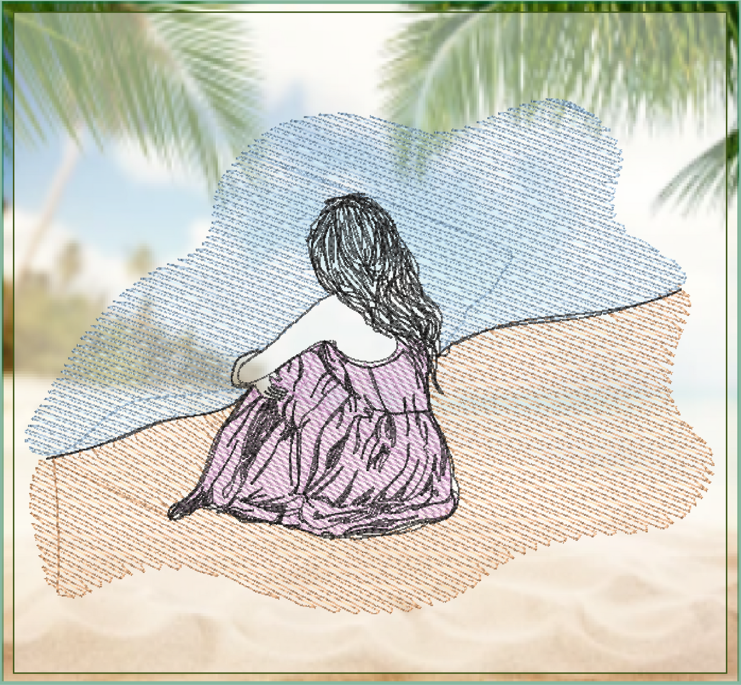 At the Beach Machine Embroidery Design | Girl Sitting in Sand and Waves | Classic Beach Day Sketch Embroidery | Coastal Summer Design | 8 Sizes (0930)