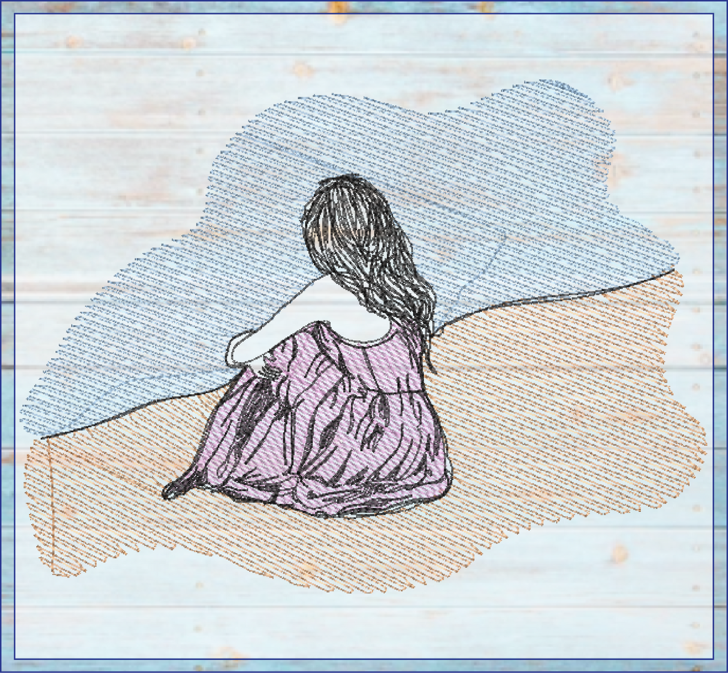 At the Beach Machine Embroidery Design | Girl Sitting in Sand and Waves | Classic Beach Day Sketch Embroidery | Coastal Summer Design | 8 Sizes (0930)