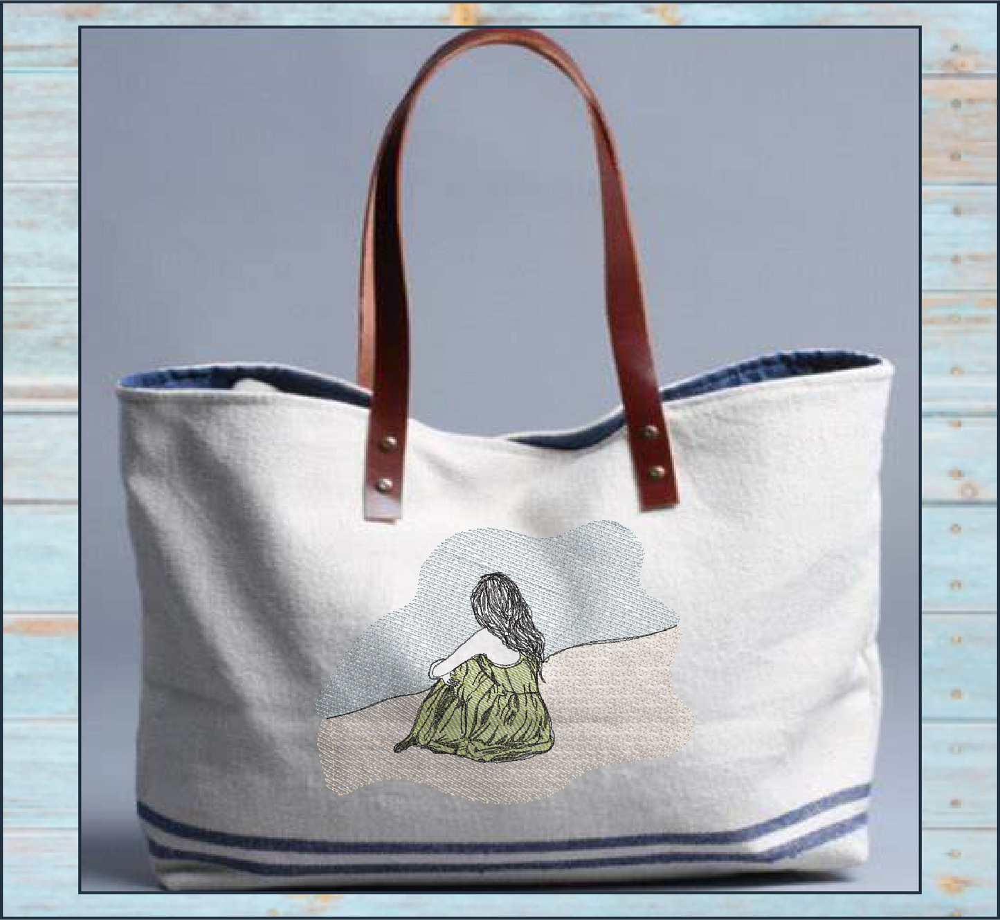 At the Beach Machine Embroidery Design | Girl Sitting in Sand and Waves | Classic Beach Day Sketch Embroidery | Coastal Summer Design | 8 Sizes (0930)