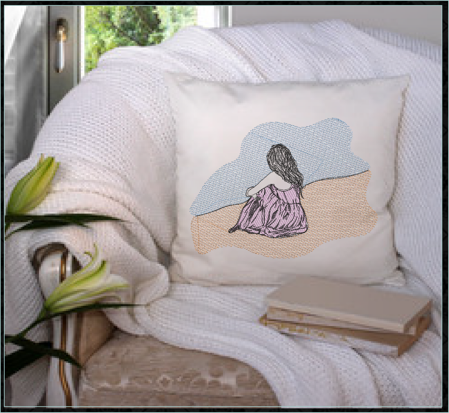 At the Beach Machine Embroidery Design | Girl Sitting in Sand and Waves | Classic Beach Day Sketch Embroidery | Coastal Summer Design | 8 Sizes (0930)