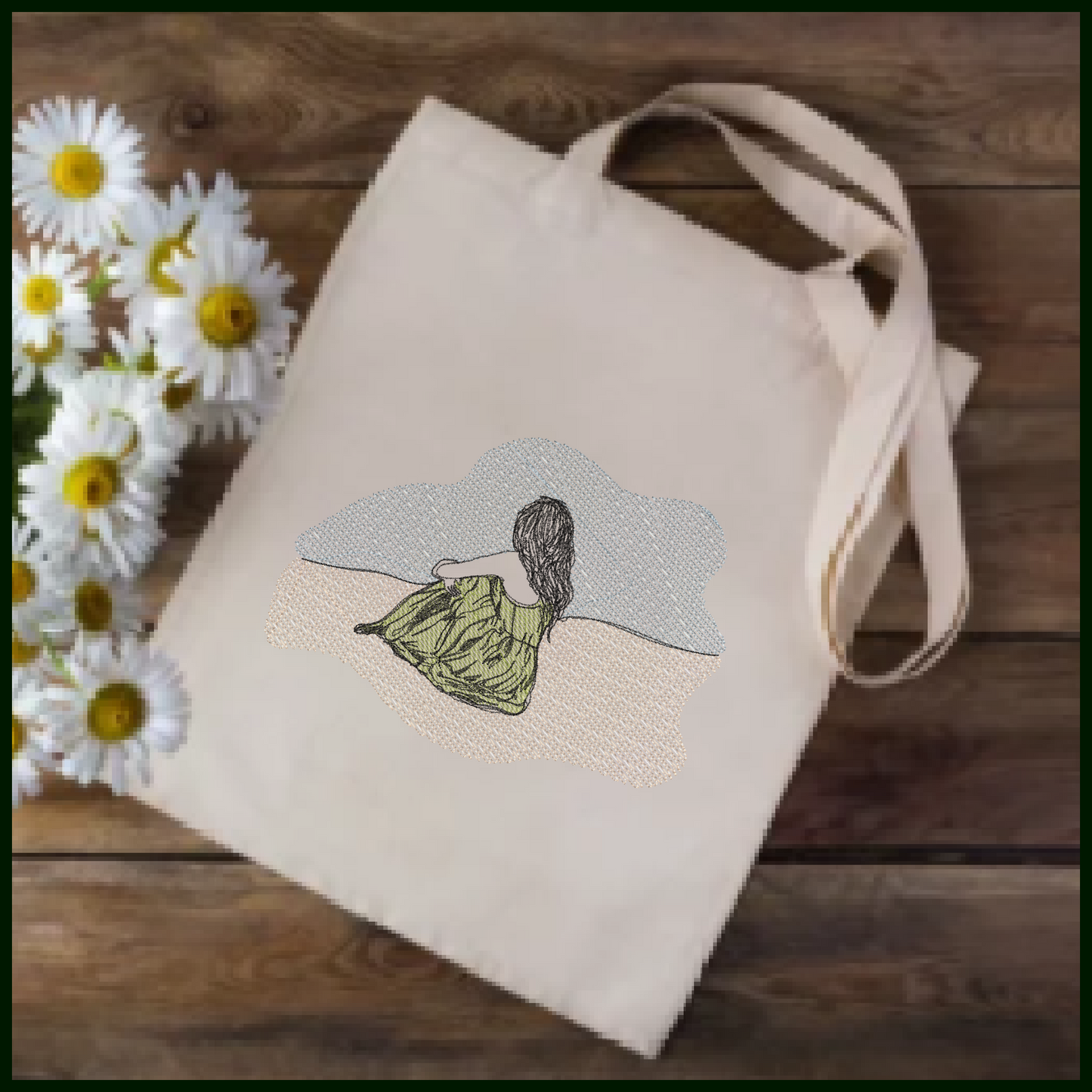 At the Beach Machine Embroidery Design | Girl Sitting in Sand and Waves | Classic Beach Day Sketch Embroidery | Coastal Summer Design | 8 Sizes (0930)