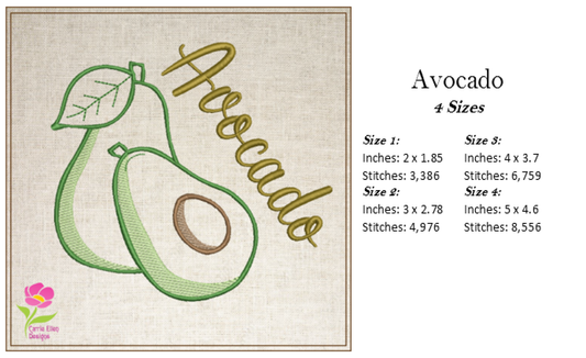 Avocado Machine Embroidery Design – Healthy Fruit Embroidery Pattern, Avocado Silhouette, Fruits and Vegetables Stitch Design, 4 Sizes (0446)