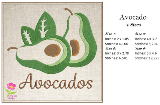 Avocado Machine Embroidery Design – Healthy Fruit Pattern, Avocado Silhouette, Fruits and Vegetables Embroidery Design, 4 Sizes (0447)