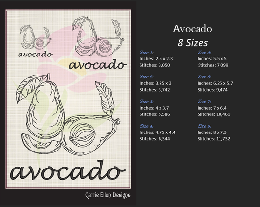 Avocado Machine Embroidery Design | Healthy Fruit Sketch | Avocado Silhouette Embroidery | Fruits and Vegetables Design | 8 Sizes (0939)