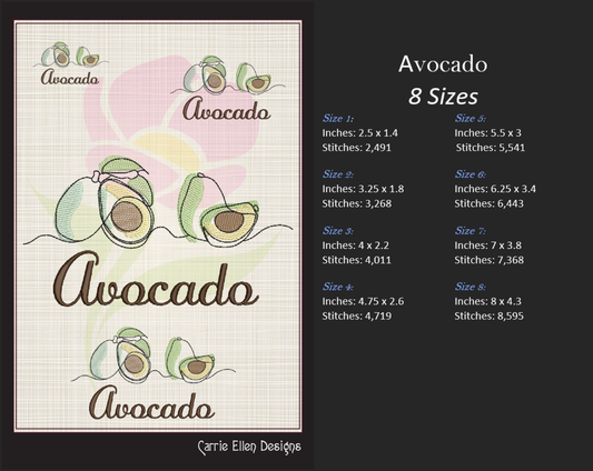 Avocado Machine Embroidery Design | Healthy Fruit Embroidery | Avocado Line Art | Fruits and Vegetables Design | 8 Sizes (0941)