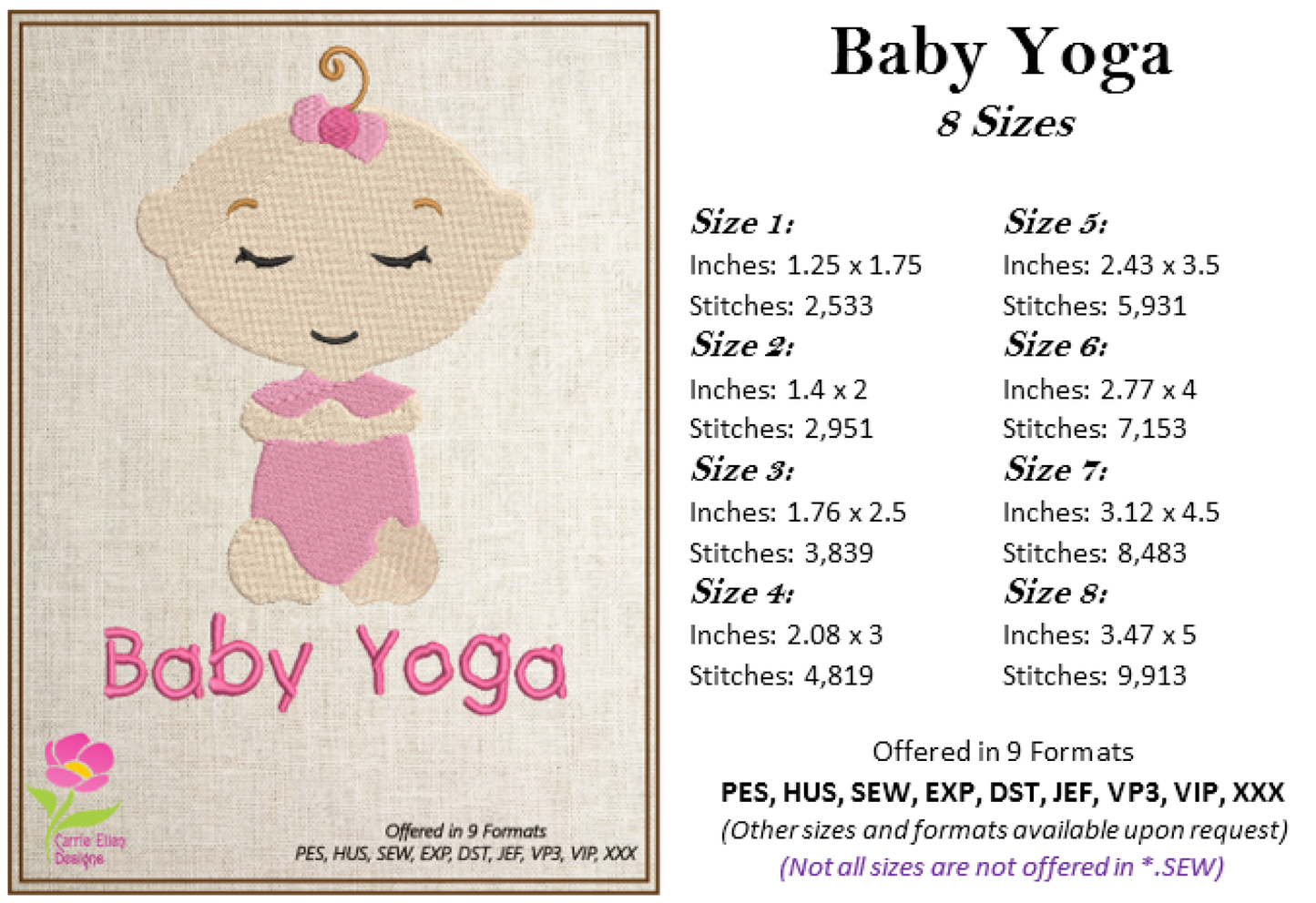Baby Yoga Pose Machine Embroidery Design – Cute Baby Girl Yoga Pose, 8 Sizes Each | Health & Fitness (3324)