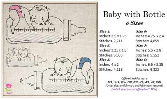 Baby with Bottle Machine Embroidery Design | Sleeping Baby Pattern | Milk Bottle Embroidery | 6 Sizes (0738)