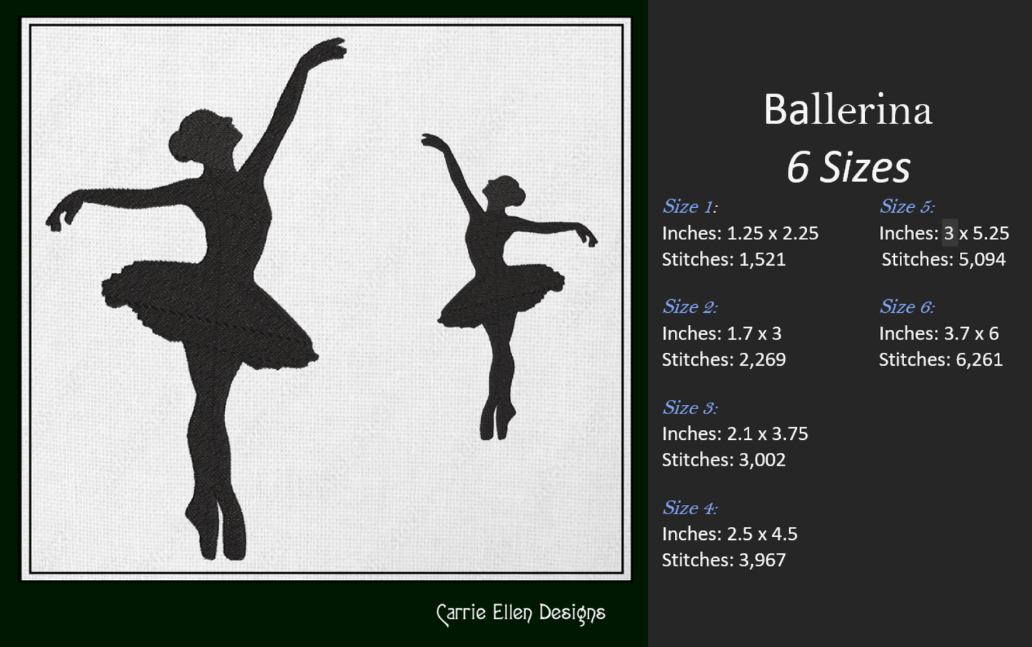 Ballerina Embroidery Design Bundle – Dance Machine Embroidery, 5 Designs – 6 Sizes Each (1231)