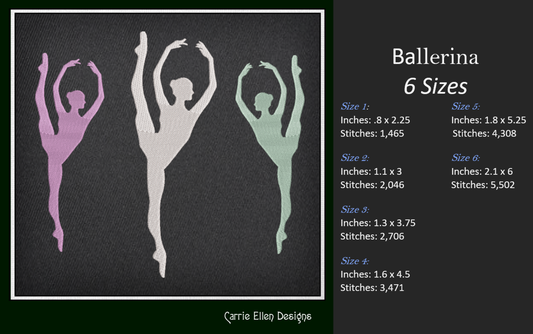 Ballerina Machine Embroidery Design – Dancer Silhouette Pattern, 6 Sizes (1228)