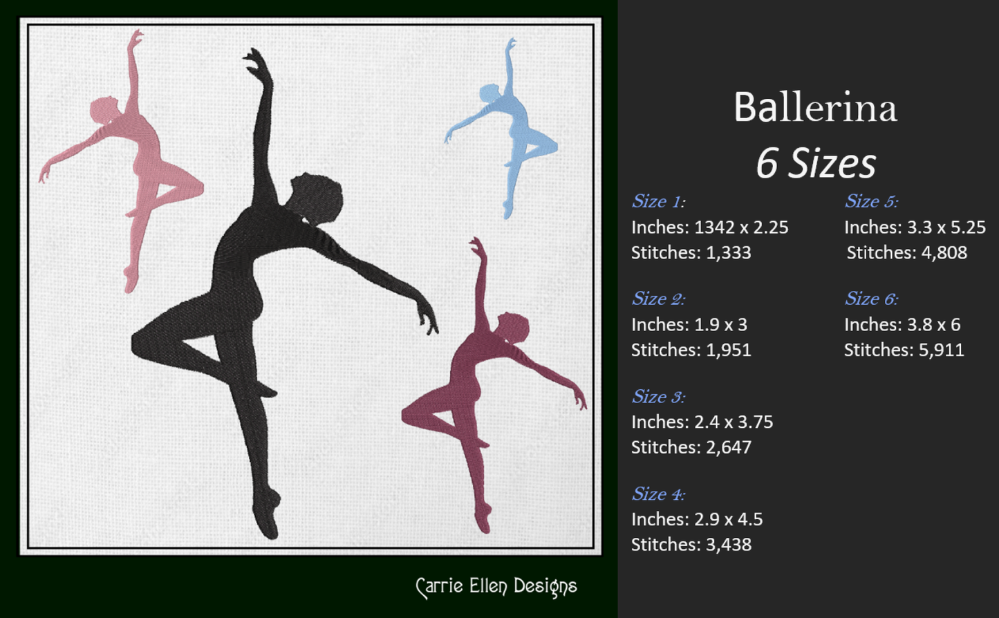 Ballerina Embroidery Design Bundle – Dance Machine Embroidery, 5 Designs – 6 Sizes Each (1231)