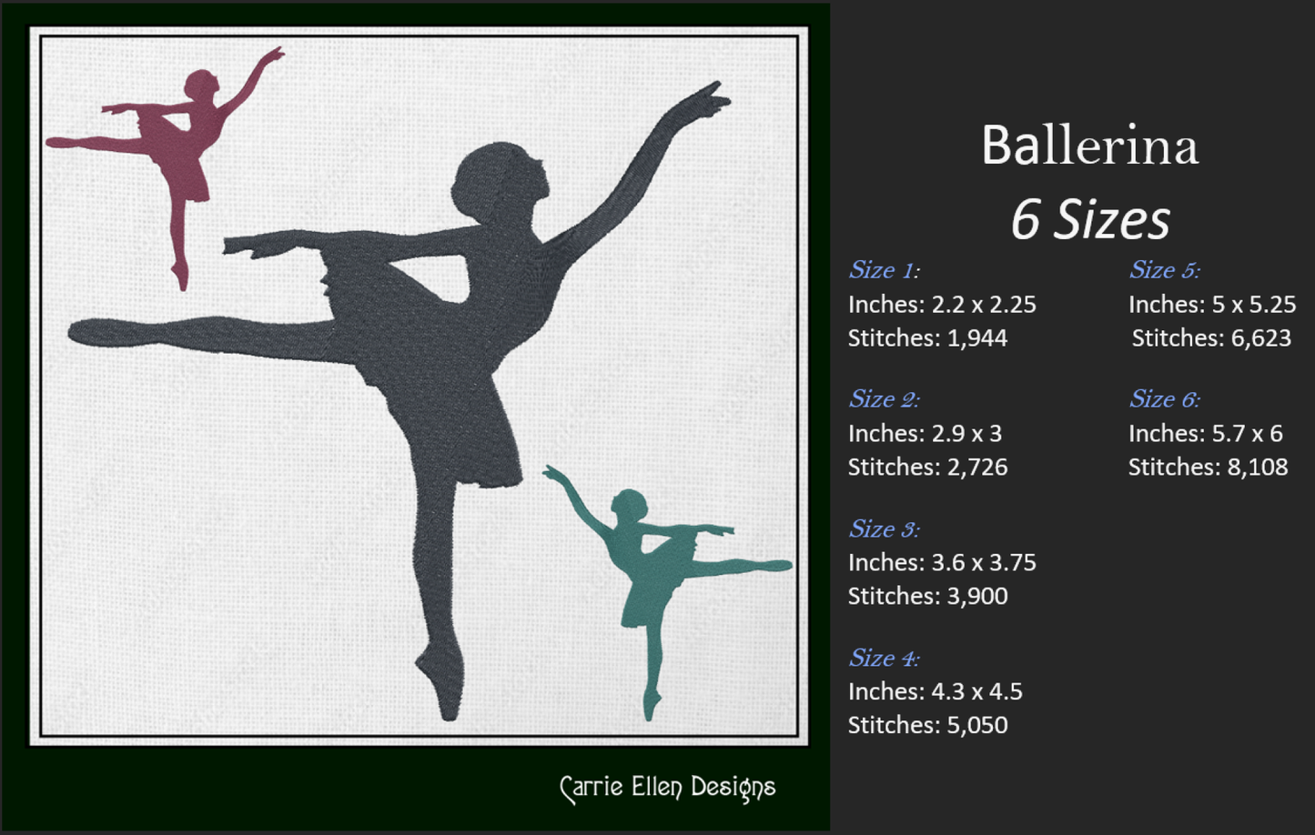 Ballerina Embroidery Design Bundle – Dance Machine Embroidery, 5 Designs – 6 Sizes Each (1231)