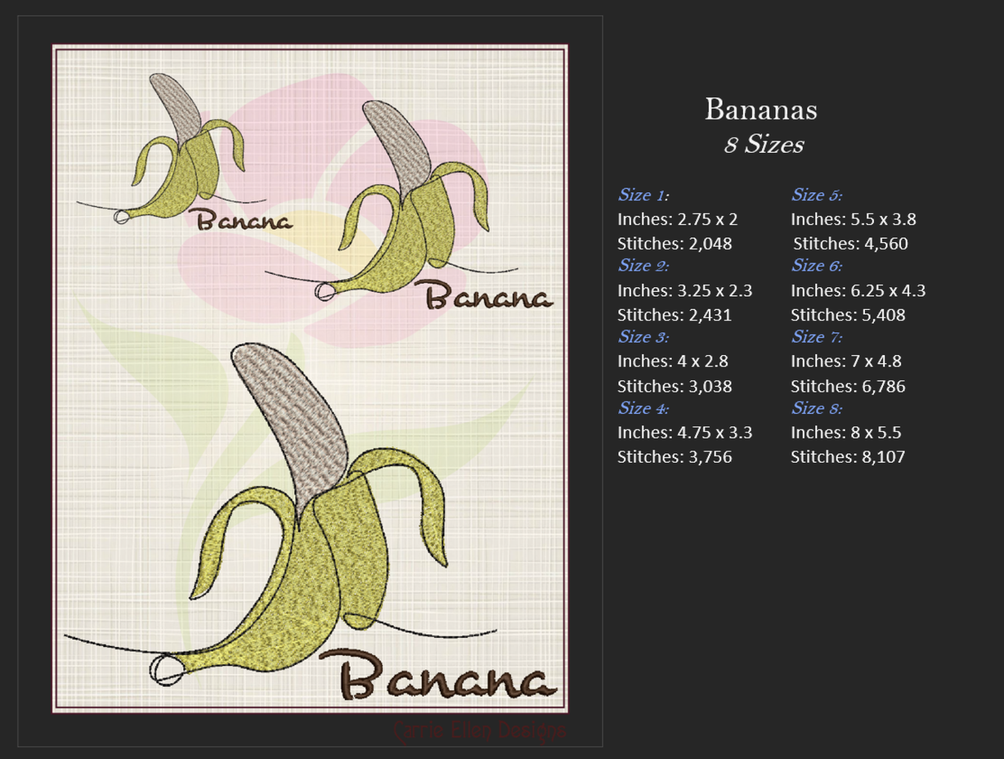 Banana Machine Embroidery Design | Summer Fruit Artistic Drawing | Fruit and Vegetables Design | 8 Sizes (0945)