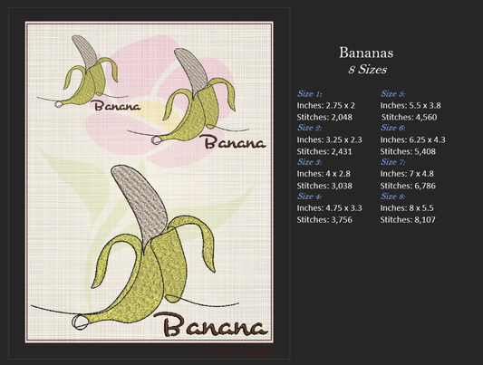 Banana Machine Embroidery Design | Summer Fruit Artistic Drawing | Fruit and Vegetables Design | 8 Sizes (0945)