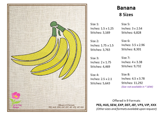 Banana Machine Embroidery Design Bundle – Fruit and Produce Patterns, Banana Bunches Embroidery, 4 Designs in 8 Sizes Each