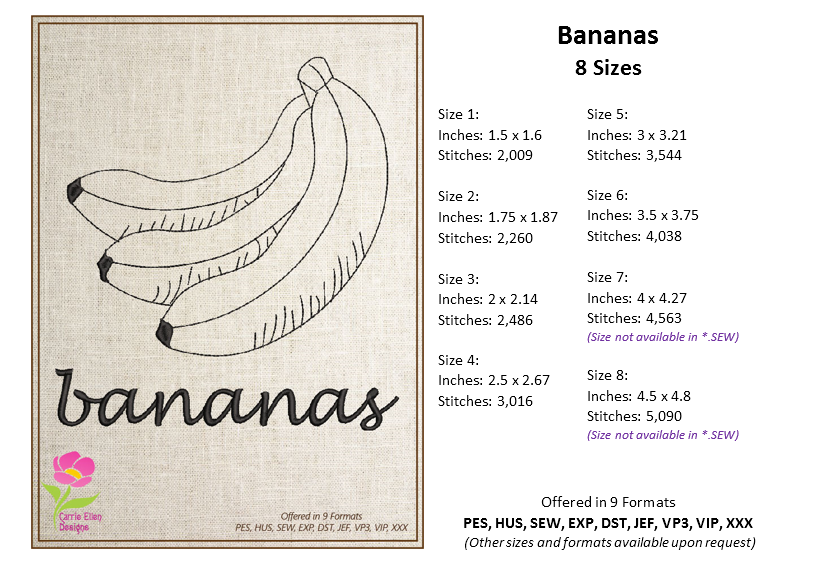 Banana Machine Embroidery Design Bundle – Fruit and Produce Patterns, Banana Bunches Embroidery, 4 Designs in 8 Sizes Each