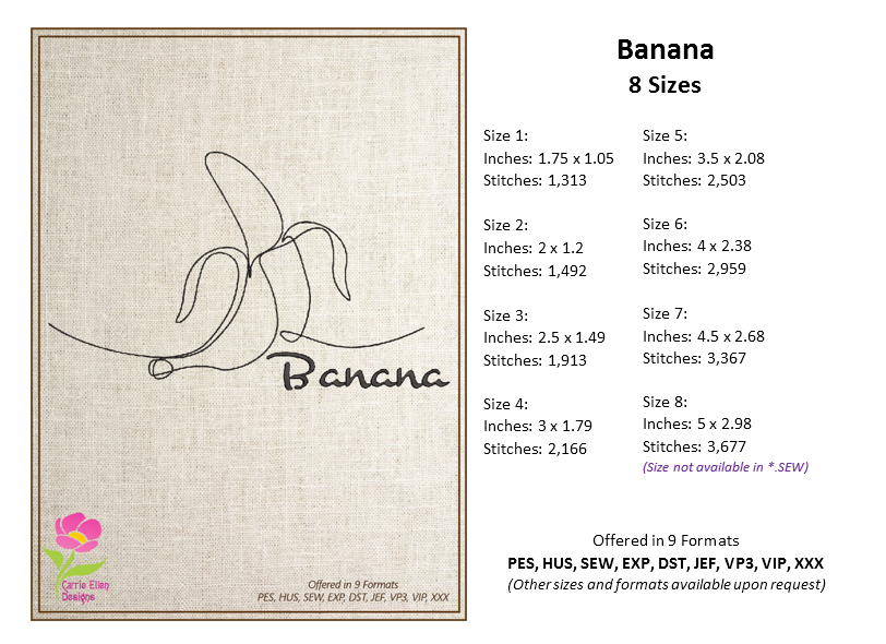Banana Machine Embroidery Design Bundle – Fruit and Produce Patterns, Banana Bunches Embroidery, 4 Designs in 8 Sizes Each