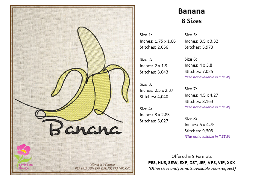 Banana Machine Embroidery Design Bundle – Fruit and Produce Patterns, Banana Bunches Embroidery, 4 Designs in 8 Sizes Each