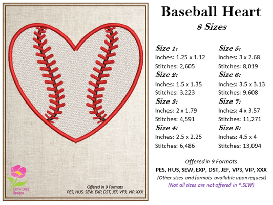 Baseball Heart Machine Embroidery Design, Softball Embroidery Design, Sport Enthusiast Design, 8 Sizes (0380)
