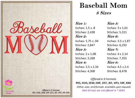 Baseball Mom Machine Embroidery Design – Sports Mom Baseball Embroidery – 8 Sizes (0283)