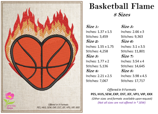 Basketball Machine Embroidery Design, Flaming Heart Basketball Embroidery, Sport Embroidery, Team Sport Design, 8 Sizes (0100)