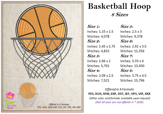 Basketball Machine Embroidery Design – Ball and Hoop, Nothing but Net Sports Embroidery Pattern, 8 Sizes (0476)