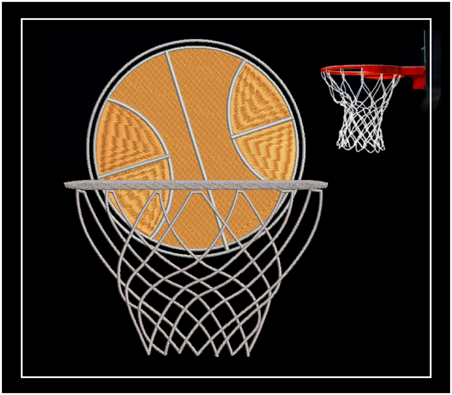 Basketball Machine Embroidery Design – Ball and Hoop, Nothing but Net Sports Embroidery Pattern, 8 Sizes (0476)