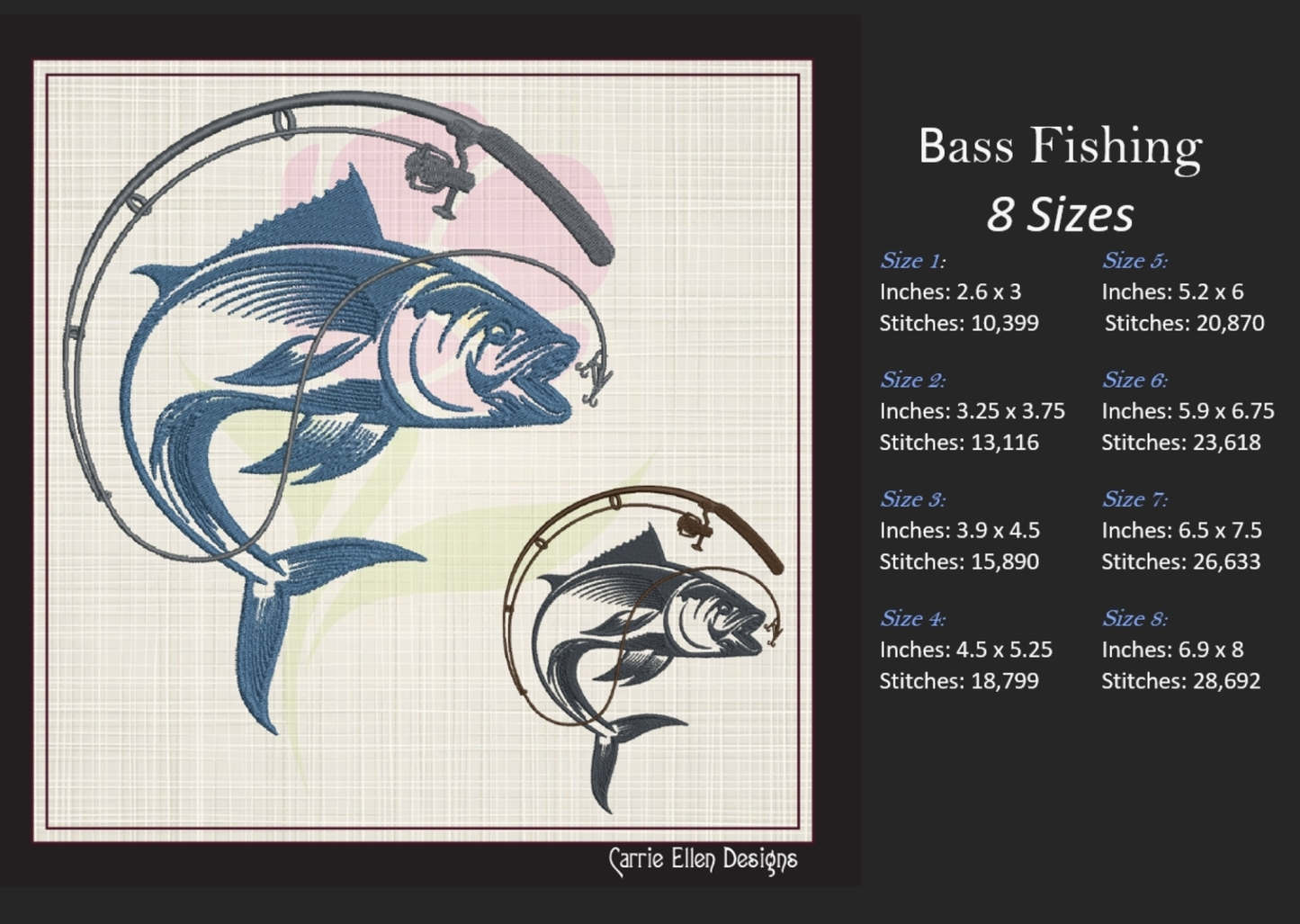 Fishing Embroidery Design – Fishing Pole and Wide Mouth Bass Machine Embroidery – Fishing Sketch Design – 8 Sizes (1121)