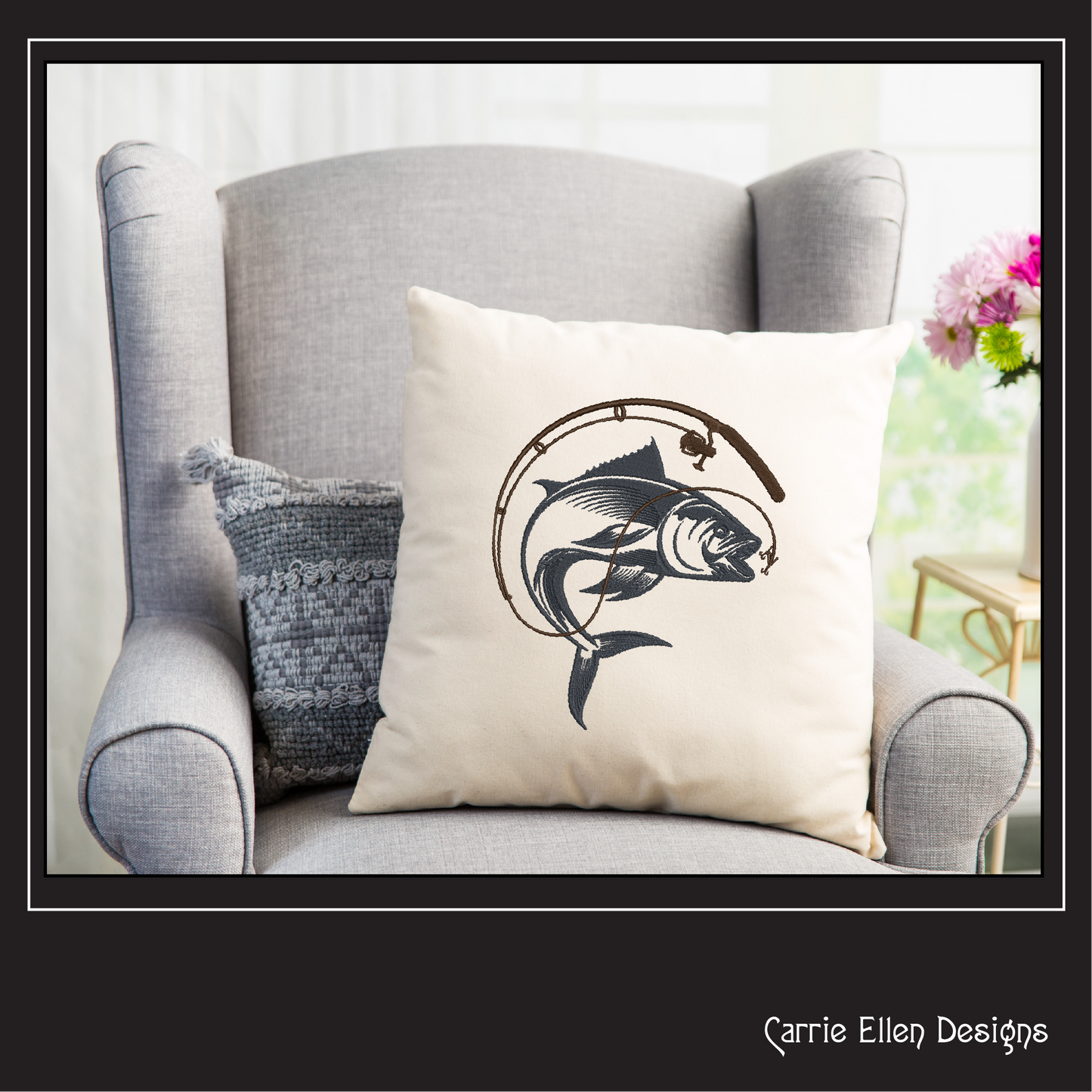 Fishing Embroidery Design – Fishing Pole and Wide Mouth Bass Machine Embroidery – Fishing Sketch Design – 8 Sizes (1121)
