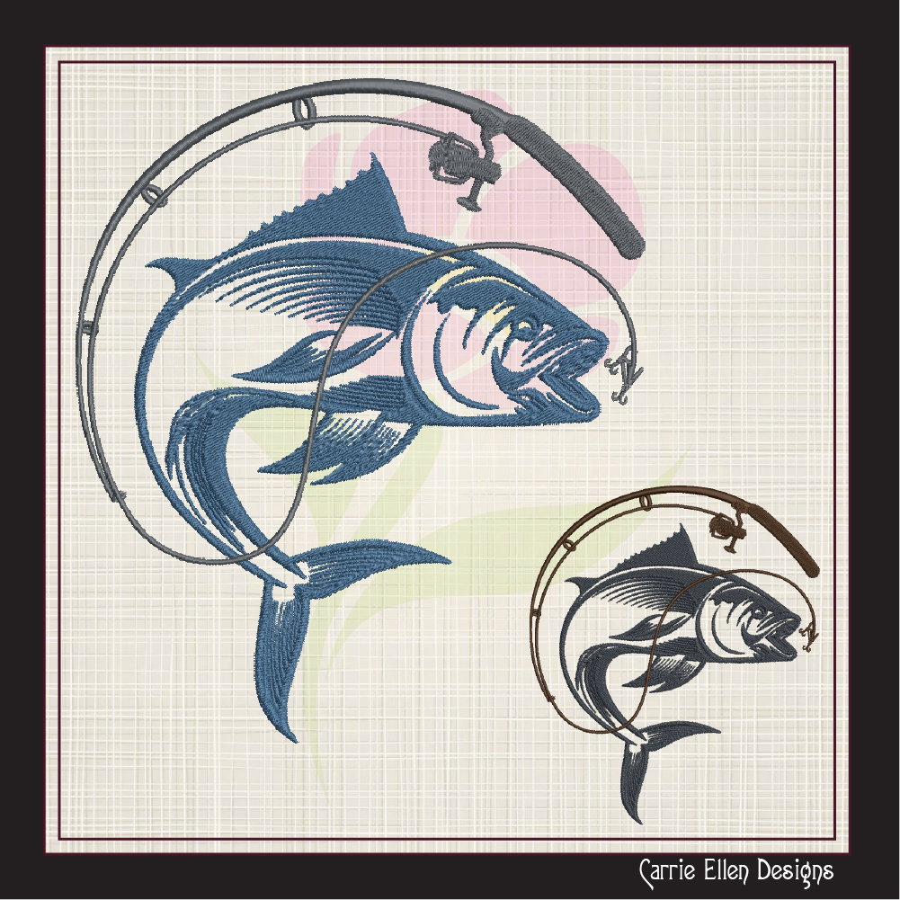 Fishing Embroidery Design – Fishing Pole and Wide Mouth Bass Machine Embroidery – Fishing Sketch Design – 8 Sizes (1121)