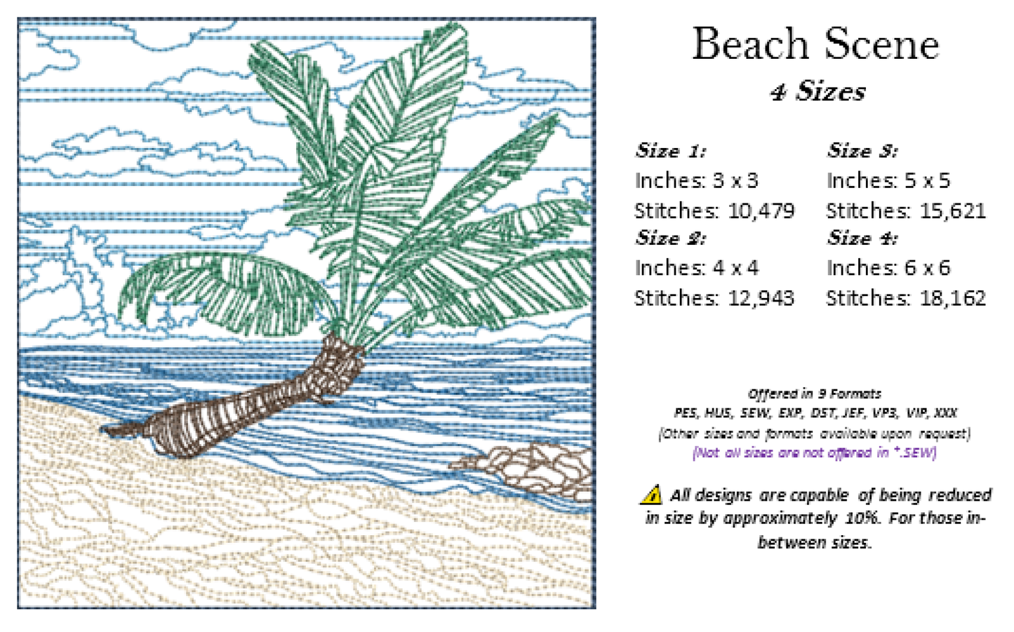 Beach Machine Embroidery Design – Palm Tree & Beach Scene, Tropical Paradise Pattern, 4 Sizes (0431)