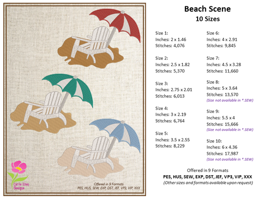 Beach Chair and Umbrella Machine Embroidery Design – Summer Vacation Beach Scene Pattern, 10 Sizes (0535)
