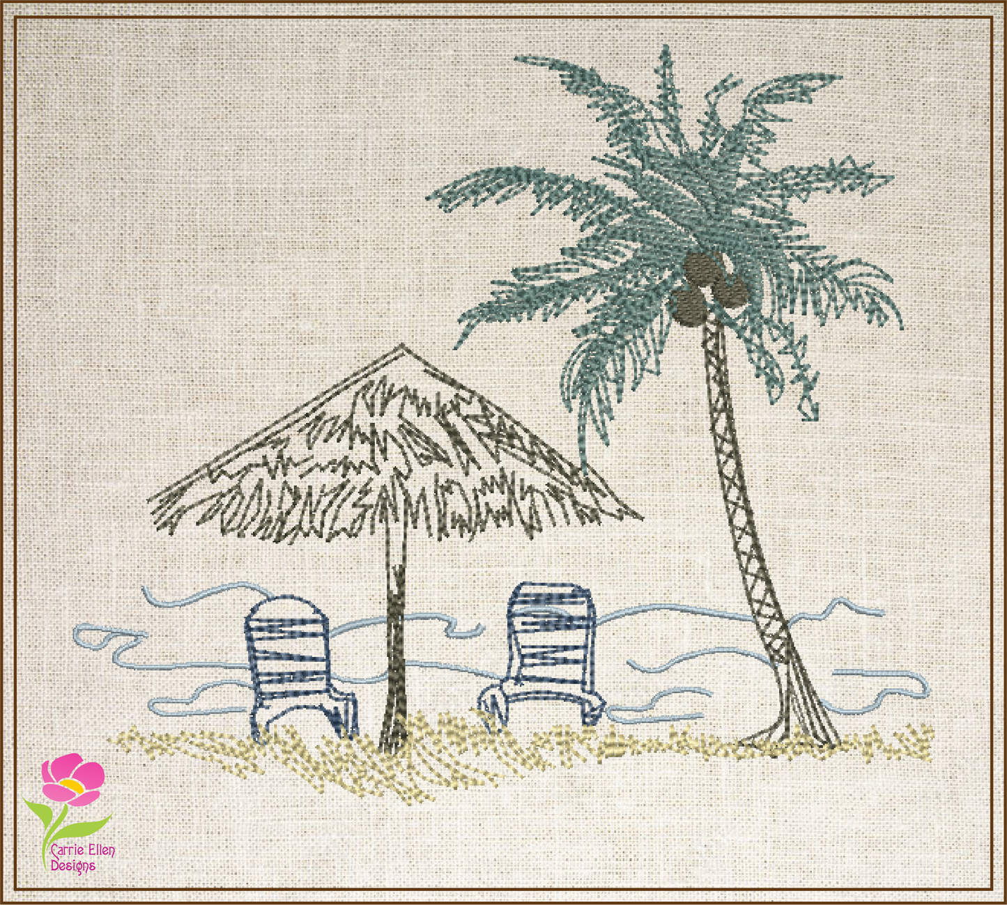 Beach Scene Machine Embroidery Design – Summer Chair & Tropical Palm Tree Pattern, 8 Sizes (0537)