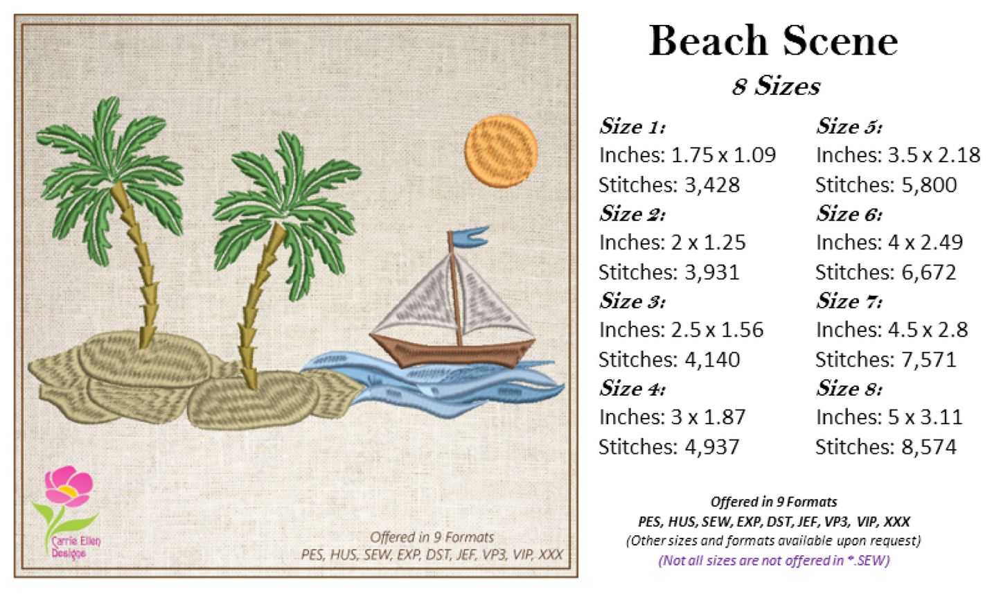 Beach Scene Machine Embroidery Design – Tropical Island and Sailboat Pattern, 8 Sizes (0536)