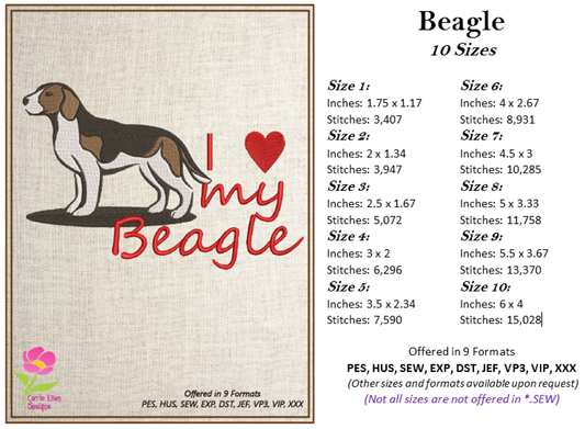 I Love My Beagle Machine Embroidery Design – Pet Beagle Dog Pattern, Dog Lover Gift – 10 Sizes (0286)