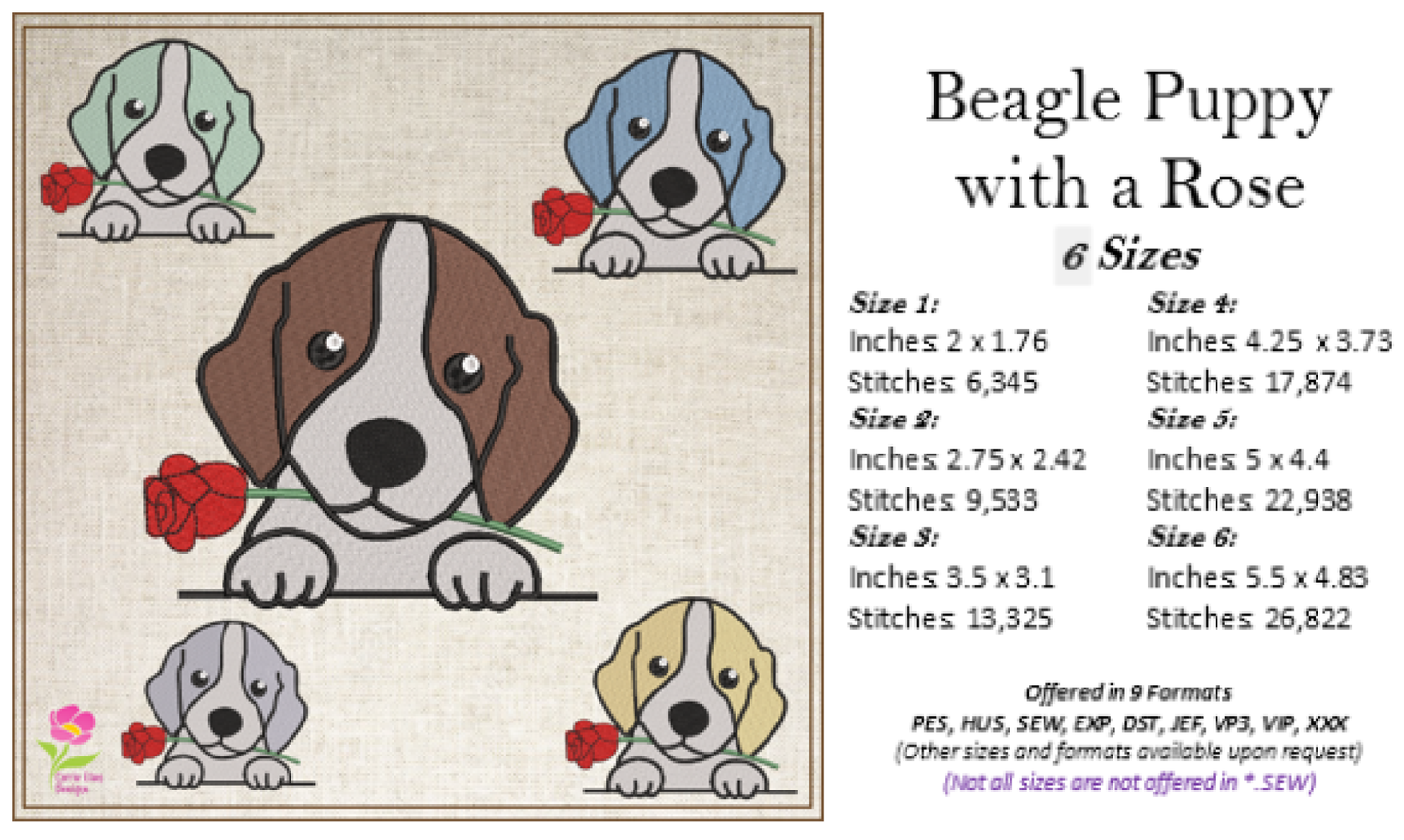 Beagle Puppy with Rose Machine Embroidery Design | Cute Dog Lover Pet Embroidery | Animal Design | 6 Sizes (0740)