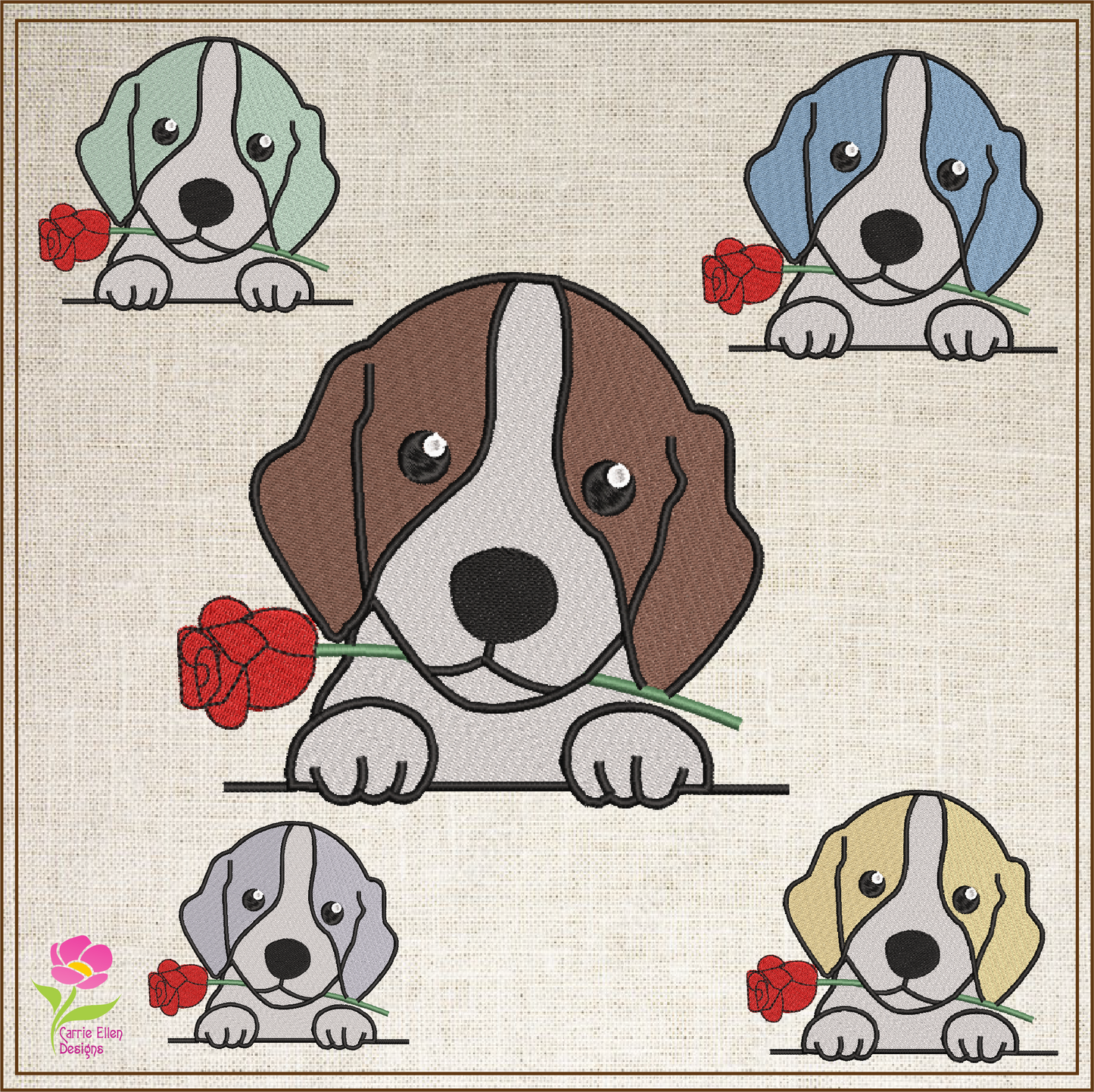 Beagle Puppy with Rose Machine Embroidery Design | Cute Dog Lover Pet Embroidery | Animal Design | 6 Sizes (0740)