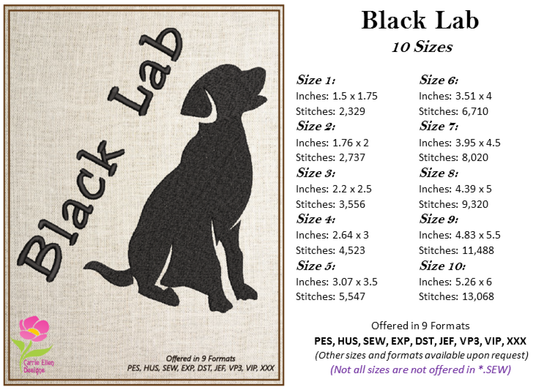 Black Lab Machine Embroidery Design – Labrador Retriever Dog Stitch File, Yellow Lab Option, 10 Sizes (0139)