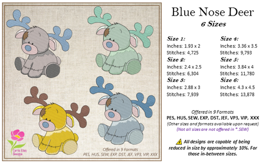 Toy Deer Machine Embroidery Design for Babies and Kids | Vintage Stuffed Animal Deer | Blue Nose Tatty Teddy Inspired | 6 Sizes (0245)