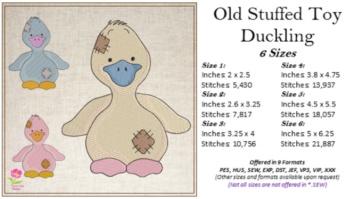 Toy Duckling Machine Embroidery Design for Babies and Kids | Old Stuffed Animal Embroidery Pattern | Blue Nose Tatty Teddy Style | 6 Sizes (0758)