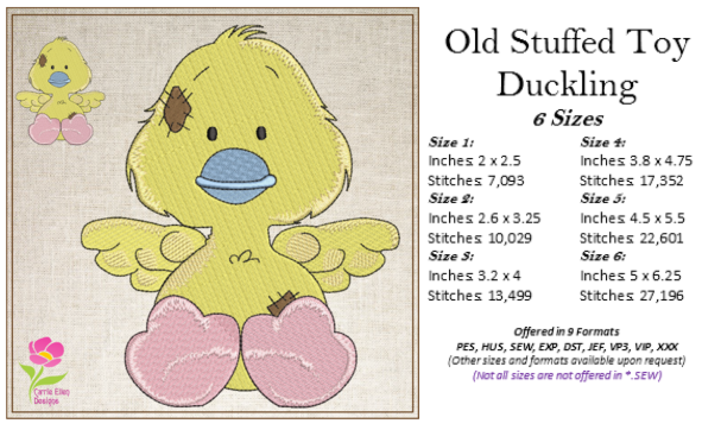 Toy Duckling Machine Embroidery Design for Babies and Kids | Vintage Stuffed Animal Embroidery Pattern | Blue Nose Tatty Teddy Inspired | 6 Sizes (0759)