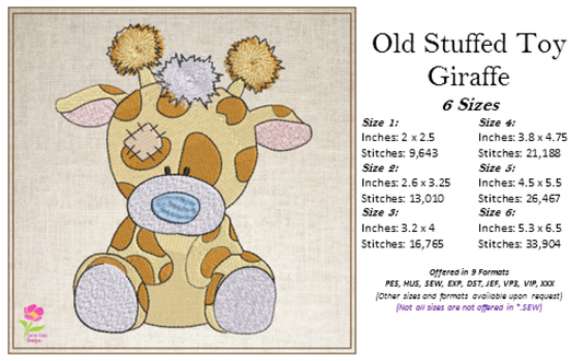 Toy Giraffe Machine Embroidery Design for Babies and Kids | Vintage Stuffed Animal Giraffe Pattern | Blue Nose Tatty Teddy Inspired | 6 Sizes (0760)