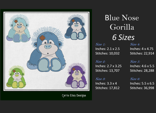 Toy Stuffed Gorilla Machine Embroidery Design for Babies and Kids | Vintage Plush Animal Pattern | Blue Nose Tatty Teddy Inspired Embroidery | 6 Sizes (0772)