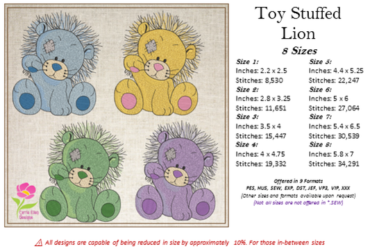 Toy Stuffed Lion Machine Embroidery Design for Babies and Kids | Vintage Plush Animal Lion Pattern | Blue Nose Tatty Teddy Inspired | 8 Sizes (0762)