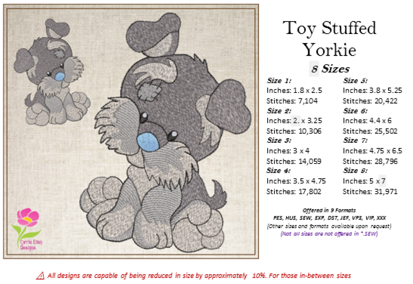 Toy Yorkie Machine Embroidery Design for Babies and Kids | Stuffed Yorkshire Terrier Plush Animal | Blue Nose Tatty Teddy Inspired | 8 Sizes (0786)