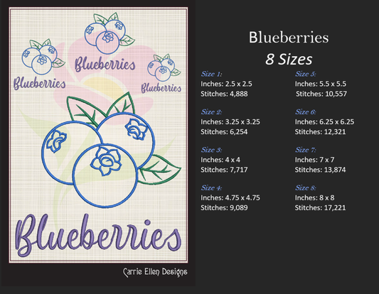 Blueberries Machine Embroidery Design Bundle | Summer Orchard Fruit Digital Embroidery | 4 Blueberry Designs, 8 Sizes Each (0983)