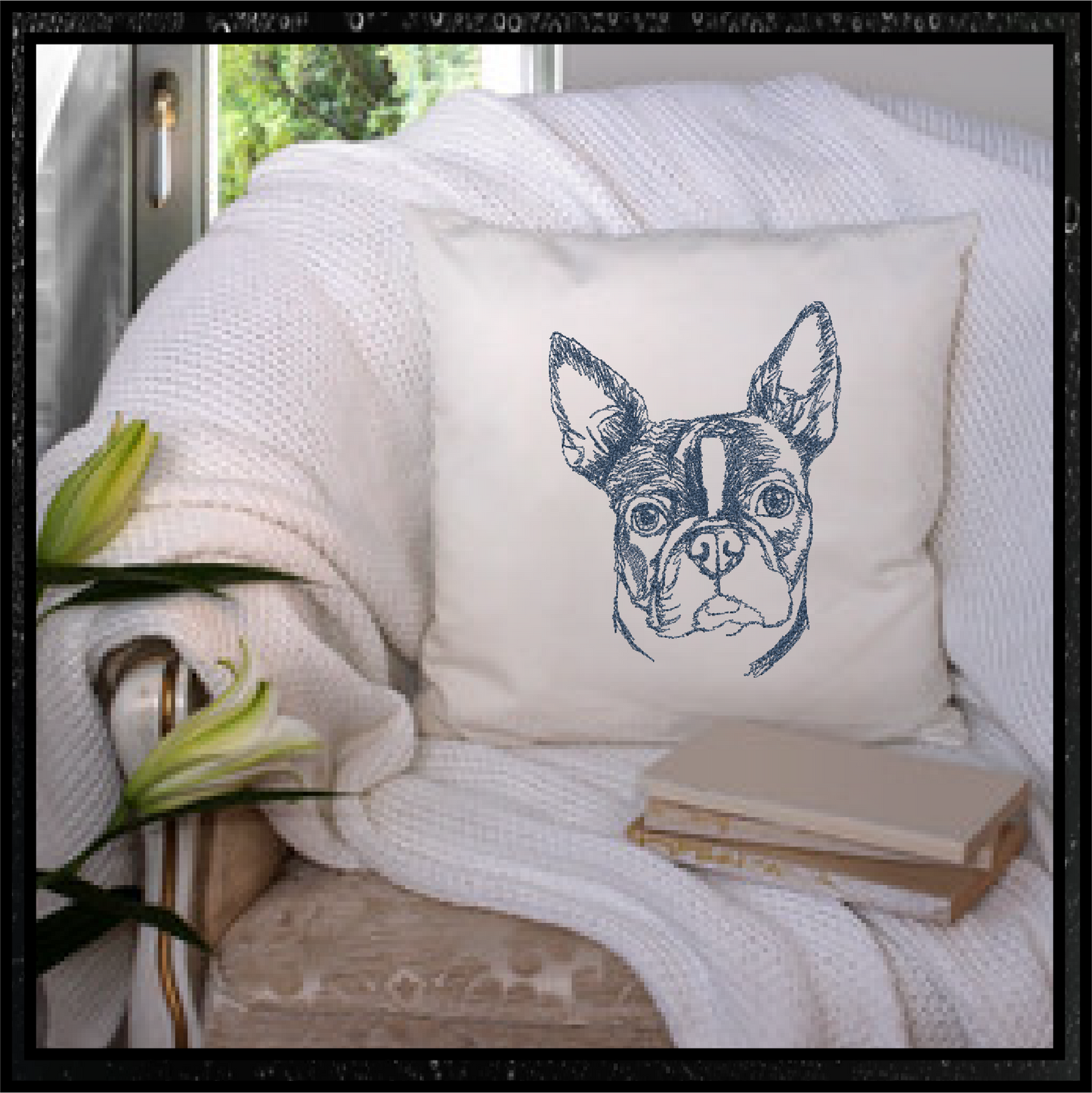 Boston Terrier Sketch Machine Embroidery Design – Pet Dog Line Art Pattern, Animal Embroidery, 4 Sizes (0506)