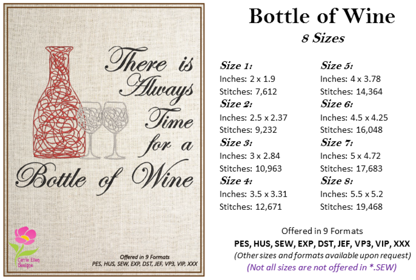 Always Time for a Bottle of Wine Machine Embroidery Design – Wine Quote with Bottle and Glass – 8 Sizes (0170)